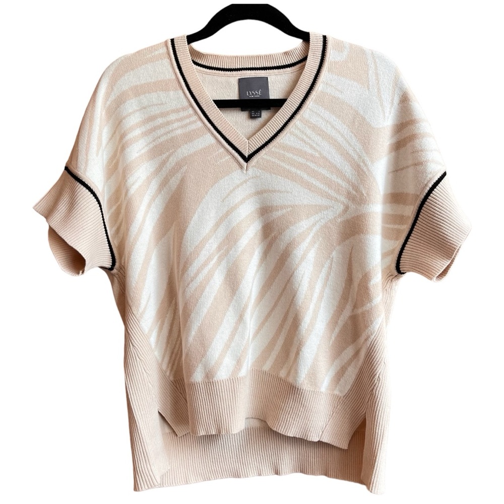 Lysse Anya Short Sleeve V-neck Sweater Preppy Zebra Print Beige/Tan